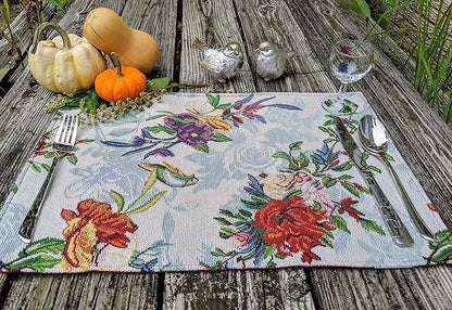 DaDa Bedding Tropical Paradise Floral Blue Roses Placemats - Set of 4 Tapestry Nature Birds Exotic Flowers Botanical Garden Berries - Decorative Linen Woven Kitchen Dining Table Mats - 13” x 19”