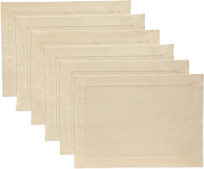 Solino Home Linen Cloth Placemats Set of 6-100% Pure Linen Hemstitch Beige Placemats 14 x 19 Inch - Classic Hemstitch Table Place Mats for Spring, Easter