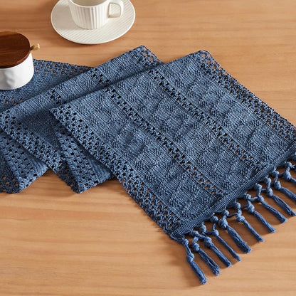 Macrame Style Boho Table Runner, 12x90 Inch Dusty Blue | Woven Boho Table Runner by ZEEMARTONLINE