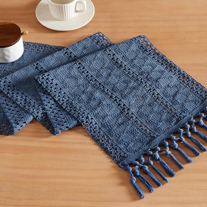 Macrame Style Boho Table Runner, 12x108 Inch Dusty Blue | Woven Boho Table by ZEEMARTONLINE