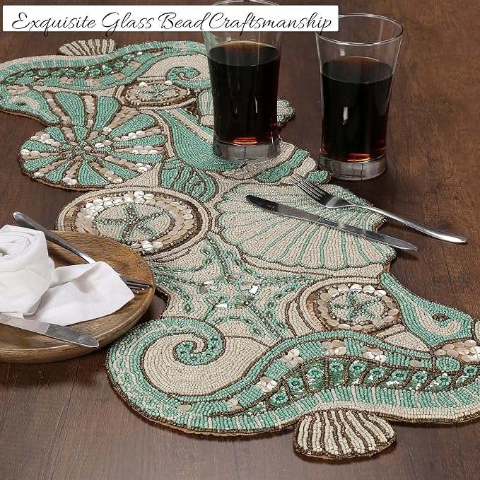 Beaded Table Runner 13x36 Coastal Sea Shell Premium Glass Beads & Polyester - Image 2