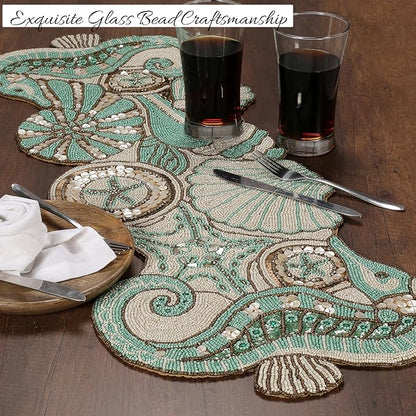 Beaded Table Runner 13x36 Coastal Sea Shell Premium Glass Beads & Polyester - Image 2