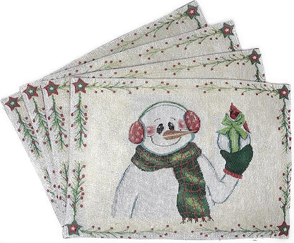 DaDa Bedding Magical Snowman Placemats - Set of 4 Festive Holiday White Tapestry - Cotton Linen Woven Dining Table Mats - 13” x 19” (9733)