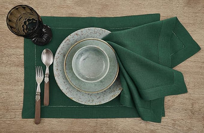 Solino Home Linen Placemats Set of 4 - Classic Hemstitch Rainforest Green Placemats 14 x 19 Inch - 100% Pure Linen Table Mats for Winter, St Patricks Day