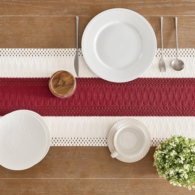 Macrame Style Bicolor Stitching Table Runner 14x60in Red | Woven Boho Table - Image 5