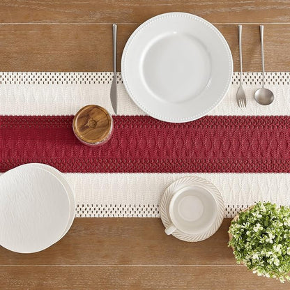 Macrame Style Bicolor Stitching Table Runner 14x108in Red | Woven Boho Table - Image 5