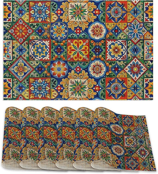 Mexican Tile Placemats Set of 6,Geometric Floral Table Mates Non-Slip Heat Resistant Washable Linen Place Mats for Party Kitchen Dining Decoration Indoor Outdoor 12"x18"
