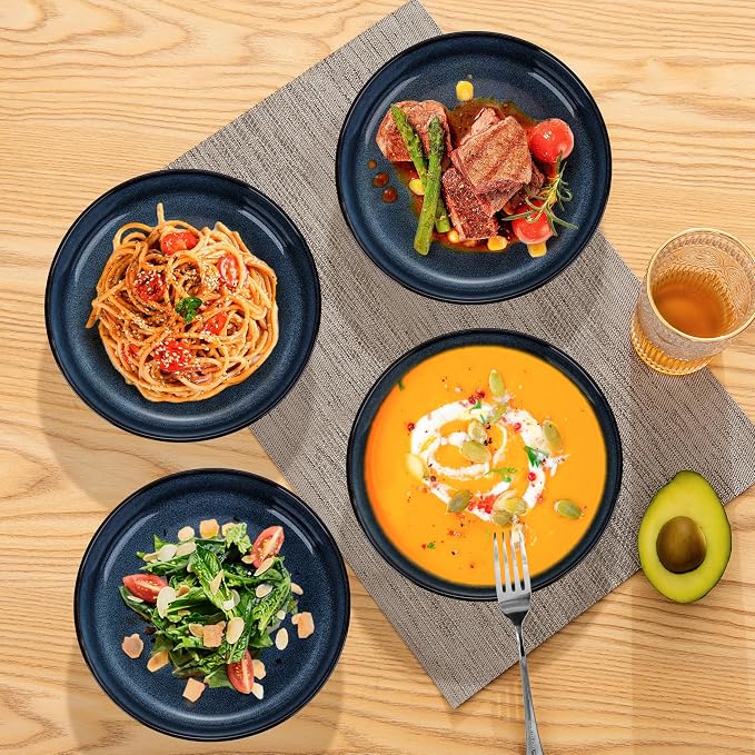 Herogo Stoneware Pasta Bowls Set of 4, Large Wide Shallow 37oz Plates and - Image 6