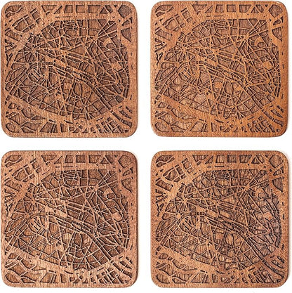 Paris Map Coaster by O3 Design Studio, Set Of 4, Sapele Wooden Coaster With City Map, Handmade