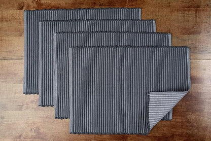 Sticky Toffee Woven Cotton Placemats Set of 4, Gray Ribbed 14 x 19 in, Washable Table Mats for Dining Table or Kitchen