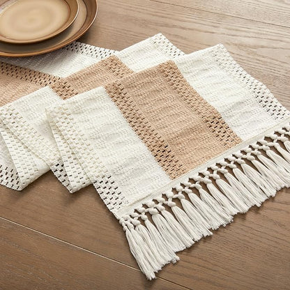 Macrame Style Bicolor Stitching Table Runner 14x108in Beige | Woven Boho Table - Image 7