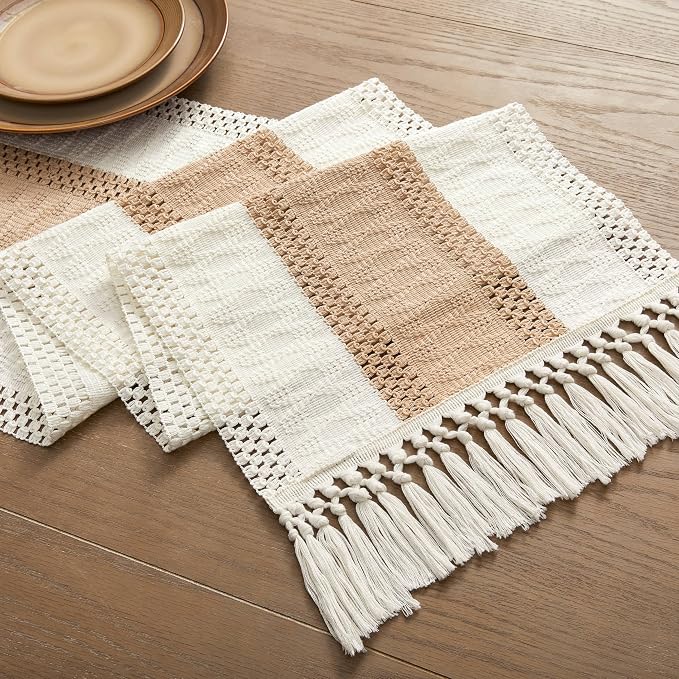 Macrame Style Bicolor Stitching Table Runner 14x72in Beige | Woven Boho Table - Image 7