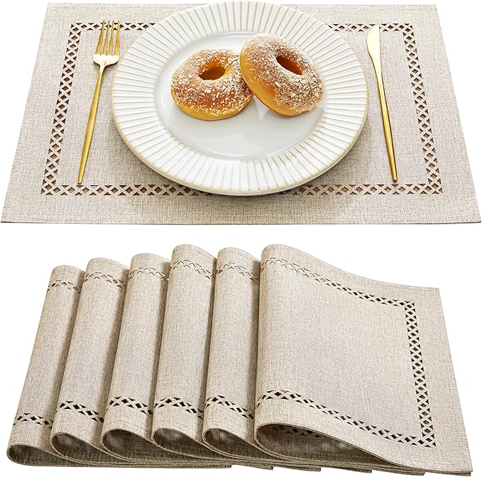 Farmhouse Burlap Place Mats, Coffee Placemats Set of 6, 12 x 18 Inch | Double by Aoztio