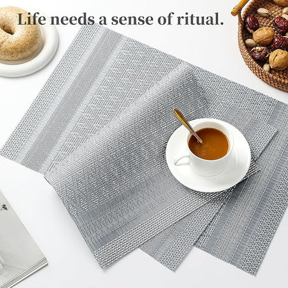 Leetaltree Lunar Grey Placemats Set of 6 - Heat Resistant Non-Slip Place mats for Dining Table, Washable Durable PVC Vinyl Woven Table Mats（Lunar Grey, 6）