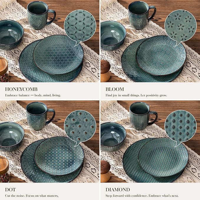MALACASA 16 Pieces Dinnerware Sets, Farmhouse Plates and Bowls Sets, Embossed - Image 7