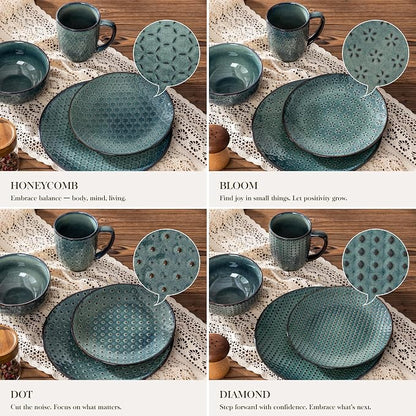 MALACASA 16 Pieces Dinnerware Sets, Farmhouse Plates and Bowls Sets, Embossed - Image 7