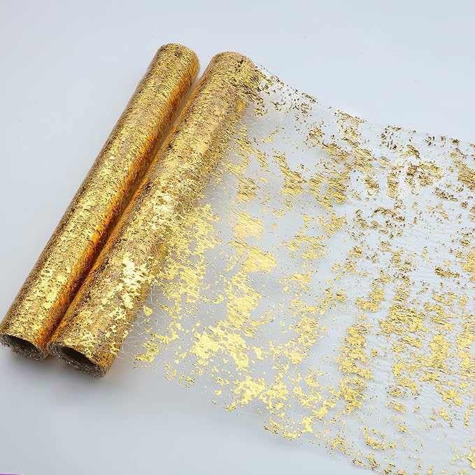 Snowkingdom 2 Pieces Gold Table Runner, Sequin Glitter Foil Metallic Thin Mesh by Snowkingdom