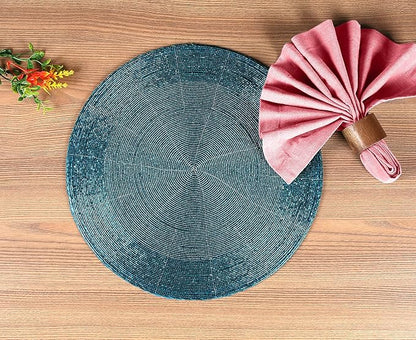 Lightnpro Beaded Placemats Set of 4 - Round Handmade Farmhouse Table Chargers - Decorative Glitz Placemats for Dining Table, Holiday Parties, Wedding, Kitchen & Event Décor - 13 Inch Teal