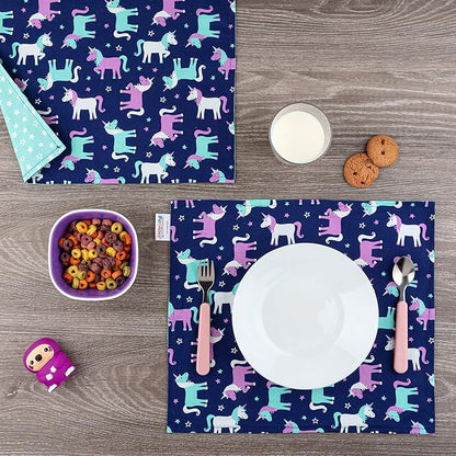 Funkins Reusable Cloth Placemats for Kids & Lunch Boxes | Reusable, Eco-Friendly | 15"x13", 2-ply, Thick, Absorbent, Machine Washable | Set of 2 Placemats (Unicorns)