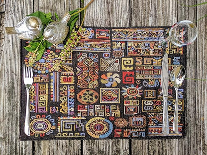 DaDa Bedding Bohemian Ethnic Ornaments Tapestry Placemats - Set of 4-Pieces Greek Ethnic Calligraphy Geometric Colorful Dark Black Design - Decorative Cotton Woven Kitchen Dining Mats - 13” x 19”