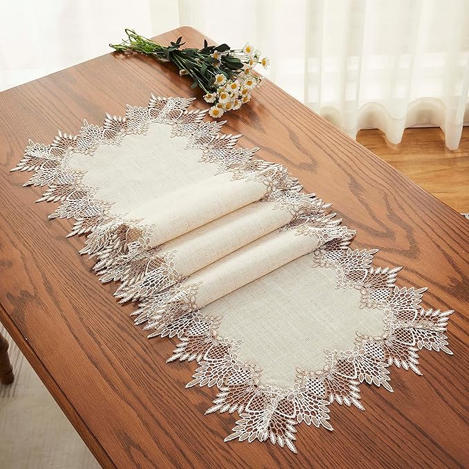 Natural Linen Table Runner 60 inches Beige Lace Coffee Table Runners | French - Image 4