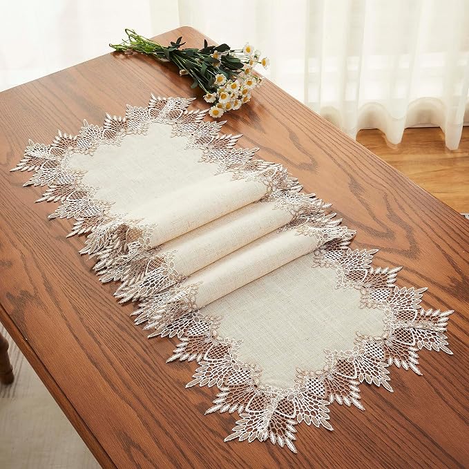 Natural Linen Table Runner 72 inches Beige Lace Coffee Table Runners | French - Image 4