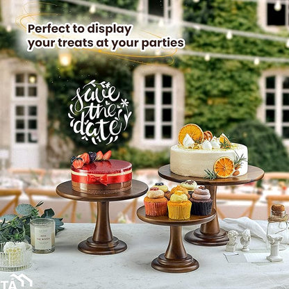 Set of 3 Acacia Wood Cake Stand Set – Wooden Rustic Farmhouse Cupcake Stand - Wedding and Birthday Decorating Cake Pedestal Stand - Dessert Display Serving Use at Parties, Restaurants, Birthday