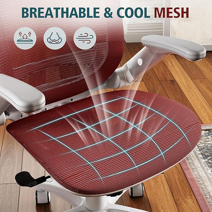 GABRYLLY Ergonomic Office Chair, High Back Home Desk Chair with Headrest, Flip-Up Arms, 90-120° Tilt Lock and Wide Cushion, 400LBS Mesh Chairs for Man Woman, White Task Chair(Red,GY01WR)