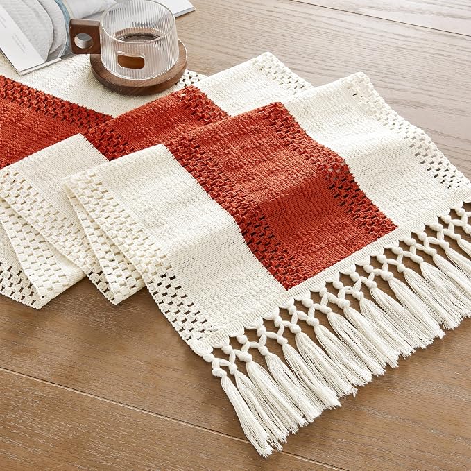 Macrame Style Bicolor Stitching Table Runner 14x60in Orange | Woven Boho Table - Image 7