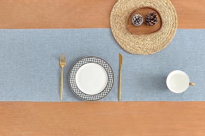 Wracra Linen Table Runner, Burlap Dusty Blue Table Runners 48 Inches Long | - Image 2
