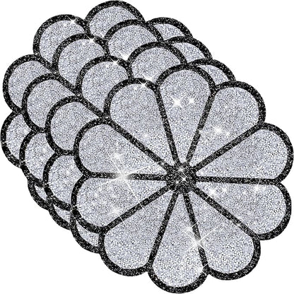 Washable Waterproof Diamond Circle Placemats for Round Tablescape Decor for Dinner and Kitchen Bling Placemats for Weddings & Special Events -4 PCS (Silver and Black)