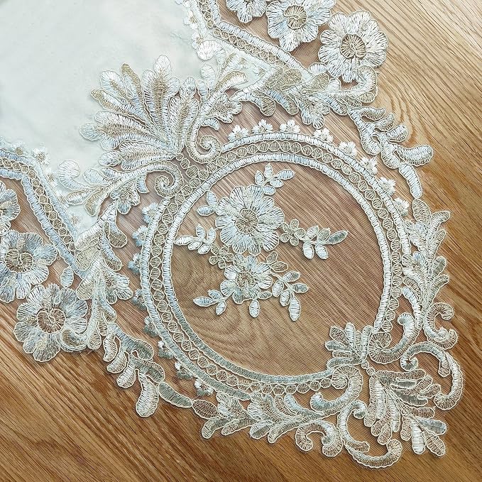 Elegant Vintage Lace Table Runner 36 inches Long Beige Gold - Image 3