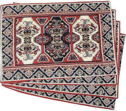 DaDa Bedding Majestic Red Kilim Rug Dining Table Placemats - Set of 4-Pieces Tapestry Cotton Kitchen Mats Royal Persian Tradtional Design - Elegant Intricate Multi-Colorful Floral Ornate - 13” x 19”