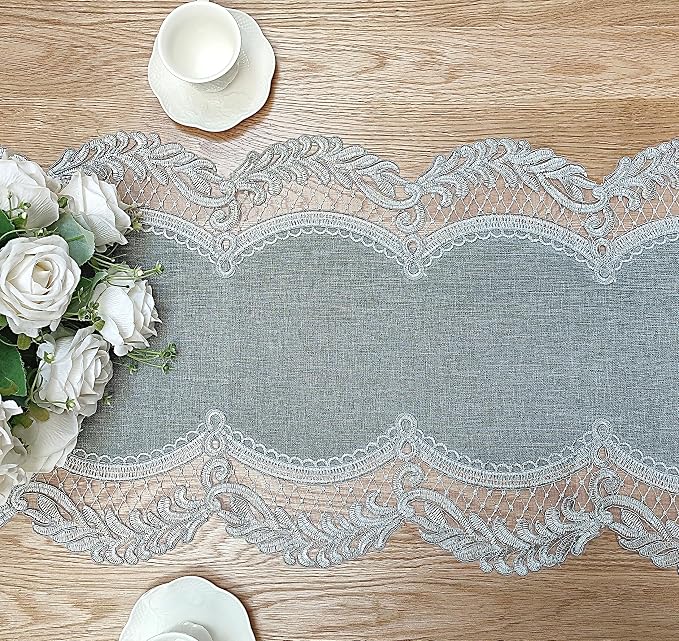 Elegant Vintage Lace Table Runner 60 inches Long Grey Silver - Image 5