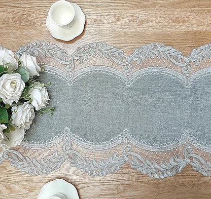 Elegant Vintage Lace Table Runner 72 inches Long Grey Silver - Image 5
